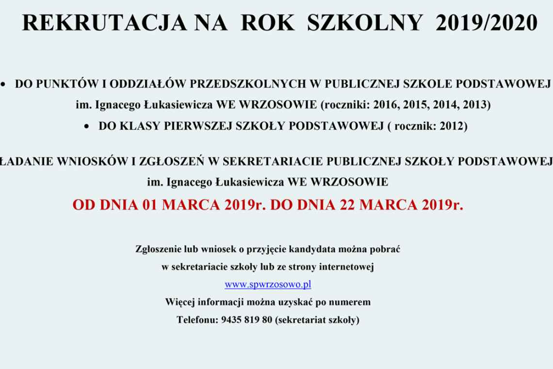 Rekrutacja na Rok Szkolny 2019/2020 do szkoły we Wrzosowie