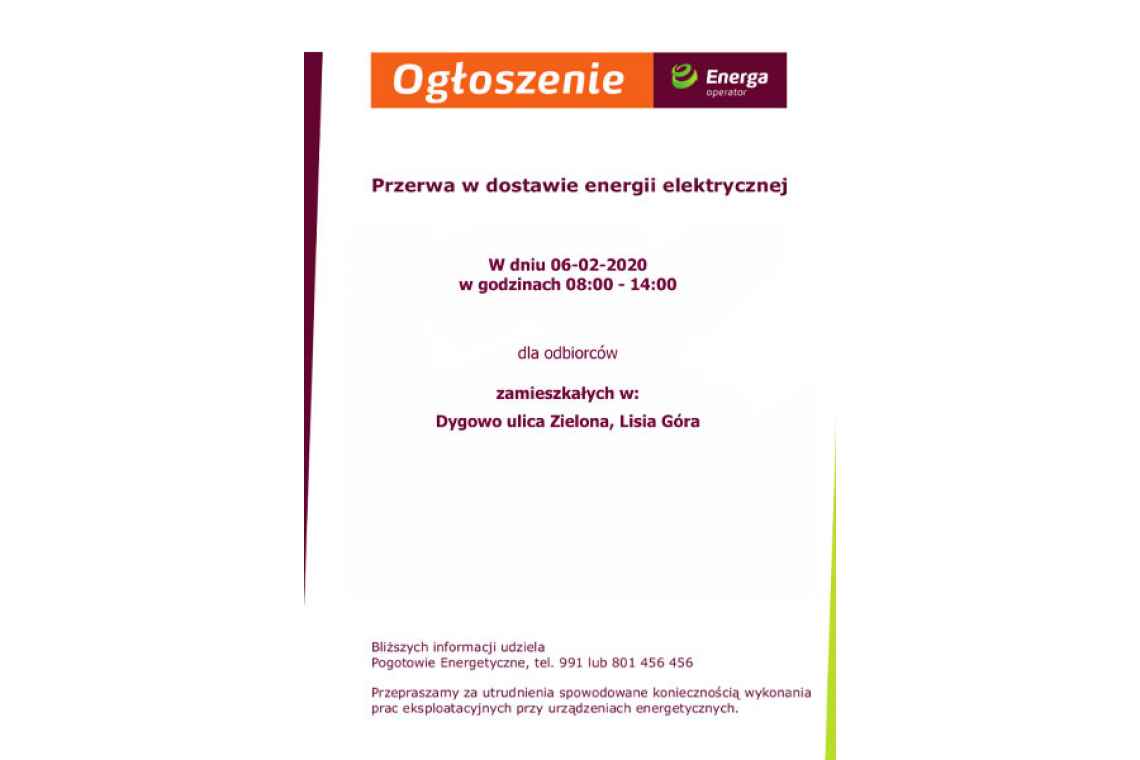 Uwaga! Planowe wyłączenia prądu w Dygowie