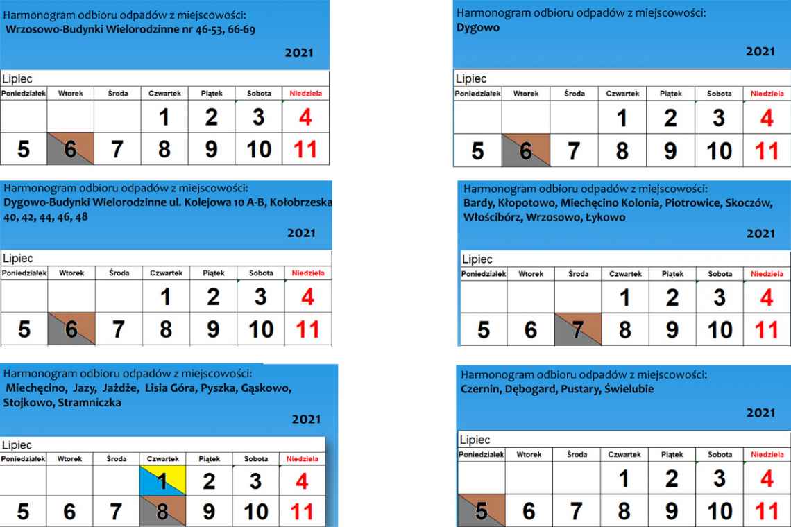 Harmonogram odbioru odpadów w gminie Dygowo do 12 lipca 