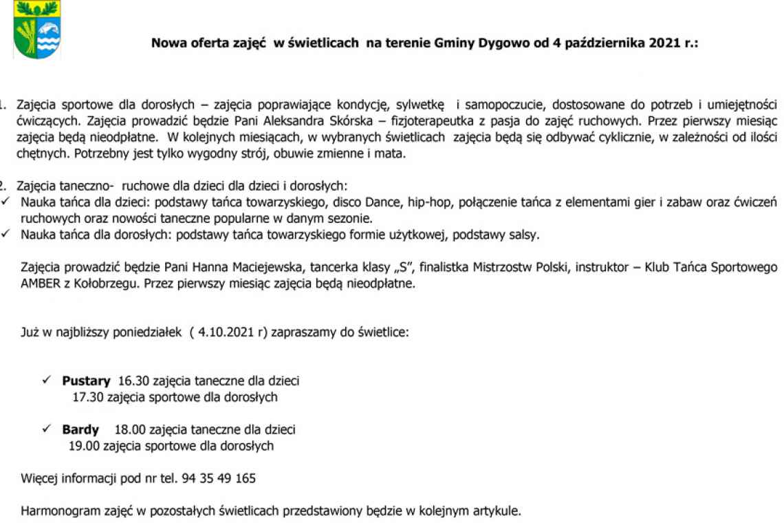 Nowa oferta zajęć w świetlicach na terenie Gminy Dygowo