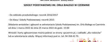 Zapisy do oddziału przedszkolnego i I klasy w Czerninie