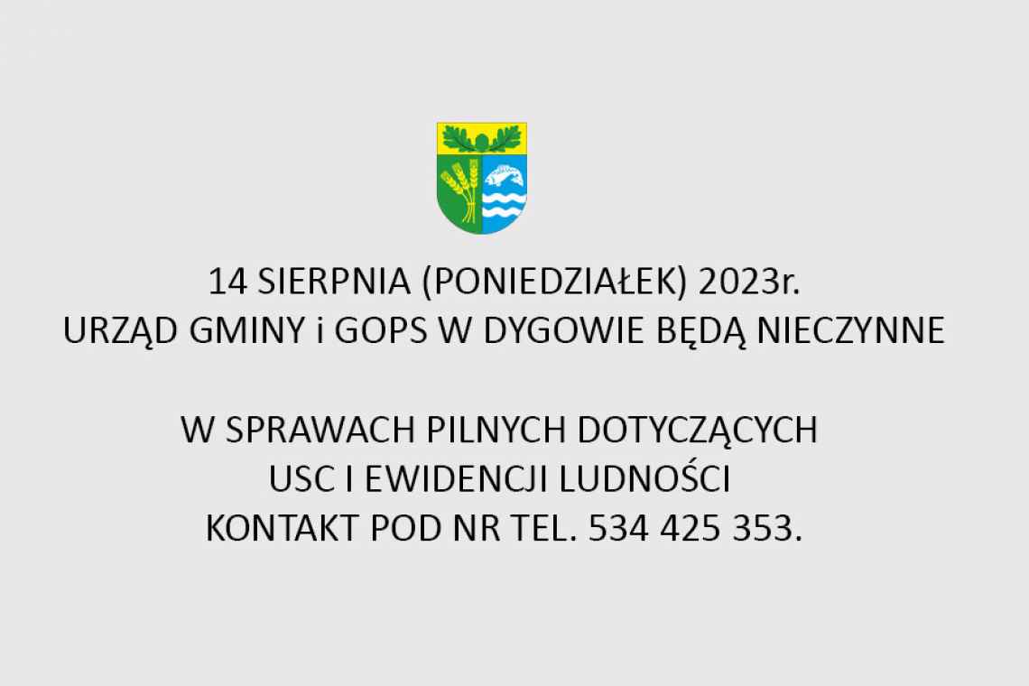 14 sierpnia Urząd Gminy w Dygowie nieczynny