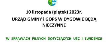 10 listopada 2023 r. Urząd Gminy Dygowo nieczynny